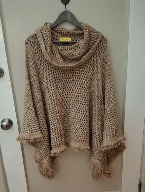 St. John Wool Blend Tan Knit Fringe Poncho Sweater_1